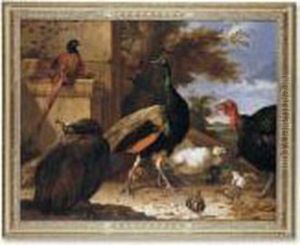 A Peacock, A Pea-hen, A 
Pheasant, A Turkey, A Cockerel And Chicks By A Wall, A Landscape Beyond