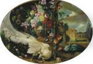 Flowers In An Urn In A Formal Garden With Peacocks by Melchior de Hondecoeter