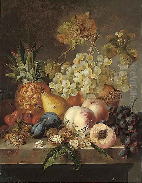 Grapes, peaches, cherries, walnuts, hazelnuts, a pear and a pineapple on a ledge - view 1
