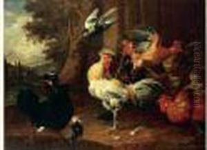 Coq Et Divers Volatiles Sur Fond De Paysage by Melchior de Hondecoeter