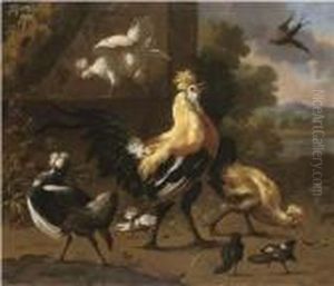 A Cockerel And Hens In A River Landscape