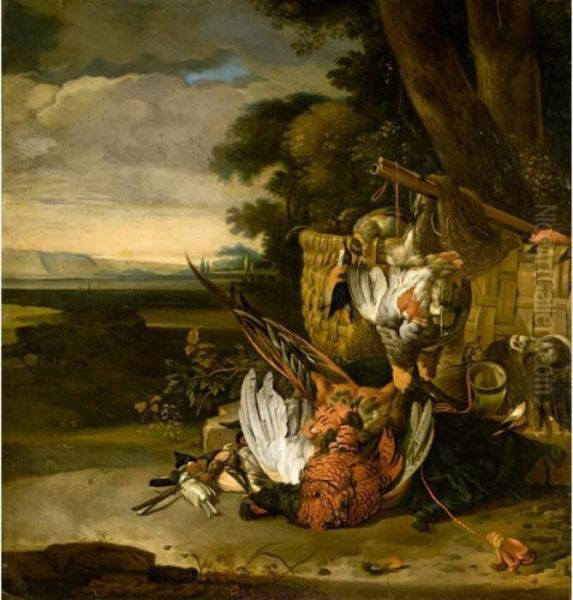 Still Life With A Pheasant,
Partridges, A Kingfisher, And Songbirds Together With A Basket, A
Hunting Horn, A Musket, Nets And A Cushion, In A Landscape - view 1