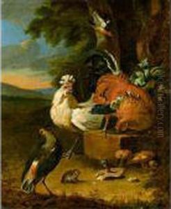 Farmyard Still Life With Chickens And Other Birds Together With A Frog And Mushrooms by Melchior de Hondecoeter
