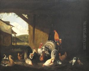 Chickens, Ducks And Other Fowl In A Barn With A Landscape Beyond by Melchior de Hondecoeter