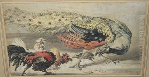 A Peacock Protecting His Chick From Two Roosters by Melchior de Hondecoeter