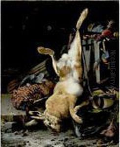 A Game Still Life With A Hung
Hare, A Pheasant, A Horn, A Musket Barrel And Other Objects In A
Classical Niche by Melchior de Hondecoeter