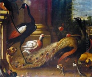 A Peacock And Crane, A Pheasant, A Chicken And Chicks, A Squirrel
 And A Dog In A Park Setting