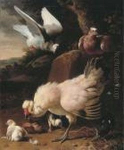 A Chicken, Chicks And Pigeons On A Fence, In A Landscape by Melchior de Hondecoeter