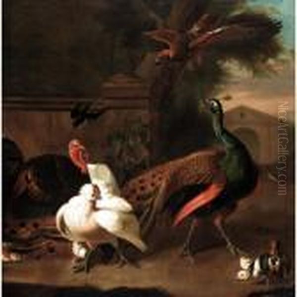 A Peacock With A Turkey, Hen And
 Chicks And A Swallow Startled By A Bird Of Prey In An Ornamental Garden - view 1