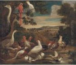 An Ostrich, Parrots, Turkeys, Woodcock, A Pheasant And Other Birdsin A Landscape by Melchior de Hondecoeter