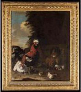 A Farmyard Scene With A Bantam Cockerel, Hens And Chicks