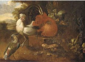 Cockerels On A Stone Block With A Lapwing In A Woodedlandscape