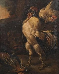 Two Cockerels Fighting In A
Landscape; And A Cockerel Victorious Over Another Cockerel With A Hen In
A Landscape by Melchior de Hondecoeter