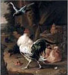 A Farmyard Scene With A Cockerel, Hens, A Pigeon And A Turkey by Melchior de Hondecoeter
