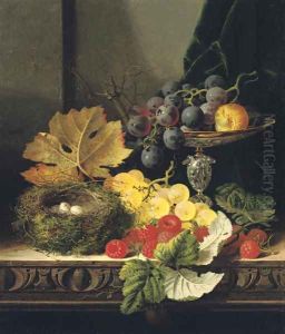 Still life with a bird's nest, black and white grapes, a greengage in a tazza, and some raspberries, on a wooden ledge by Edward Ladell