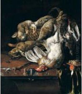 Still Life Of Rabbits On A
Wicker Basket, A Bantam Cockerel, Partridge, Kingfisher And A Songbird,
Together With A Knife, Arranged Upon A Marble Table-top Draped With A
Green Cloth by Melchior de Hondecoeter
