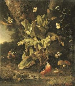 A Forest Floor Still Life With A
Blue Tit, A Chaffinch, A Kingfisher, A Large Tortoiseshell Butterfly, A
Painted Lady And A Red Admiral. by Melchior de Hondecoeter