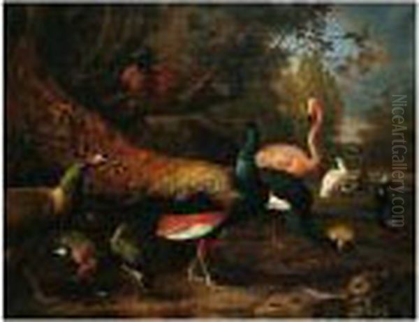 Exotic Fowl, Including A Peacock
And Peahen, Flamingo, African Crane, Pheasant, Lapwing, Shoveller,
Pelican And Tufted Duck In A Garden Setting - view 1