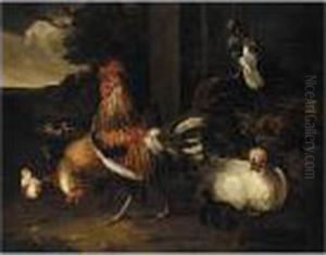A Cockerel, Hens And Chicks In A Parkland Landscape