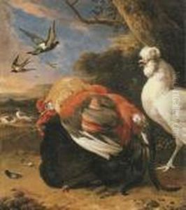 Coupling Chickens In A Landscape by Melchior de Hondecoeter