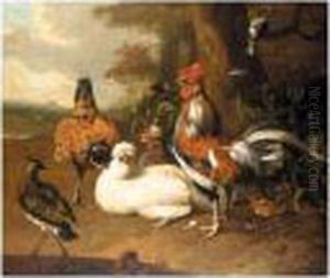 Still Life Of Chickens, A Cockerel, And Other Fowl In A Landscape by Melchior de Hondecoeter