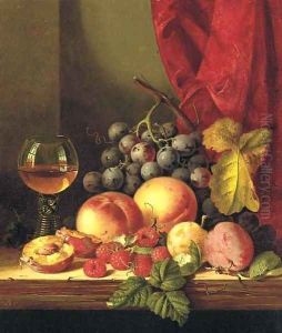 Still life with plums, peaches, black grapes, raspberries, and a roemer