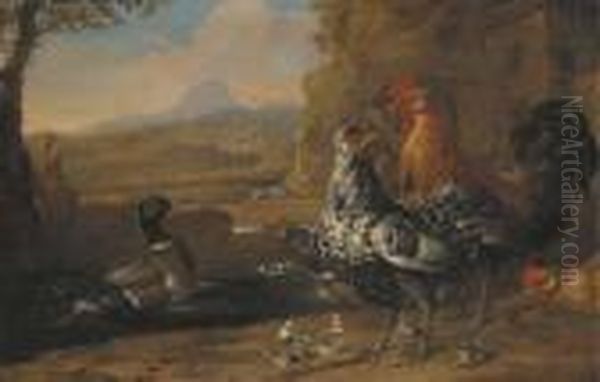 A Turkey, Roosters, Ducks And
Goslings In A Farmyard, A Greyhoundand An Extensive Mountain Landscape
Beyond - view 1
