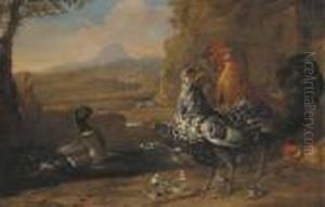 A Turkey, Roosters, Ducks And 
Goslings In A Farmyard, A Greyhoundand An Extensive Mountain Landscape 
Beyond