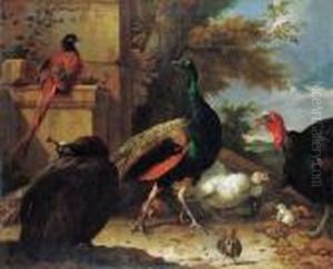 A Peacock, A Peahen, A Pheasant,
A Turkey, A Cockerel And Chicks Bya Wall, A Landscape Beyond A Peacock, A Peahen, A Pheasant,
A Turkey, A Cockerel And Chicks Bya Wall, A Landscape Beyond