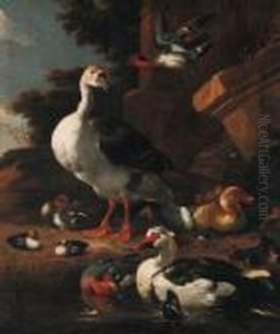 A Chinese Goose, An Egyptian 
Goose, A Muscovy Duck, A Wigeon Andteal With Other Waterfowl By A Pond 
Before A Pillar In A Park by Melchior de Hondecoeter