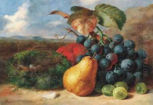Gooseberries, a pear, a peach, grapes and a bird's nest, on a bank by Edward Ladell