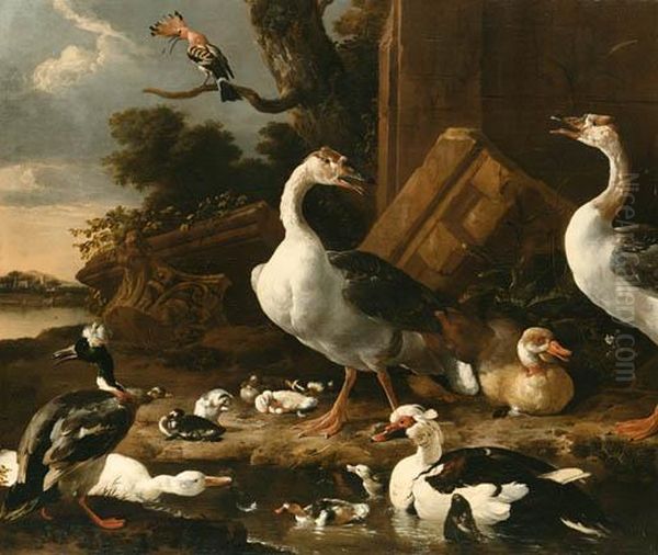 Chinese And Egyptian Geese,
Muscovy Ducks, A Hoopoe, Barnyard Fowland Other Exotic Birds In A
Landscape With Classical Ruins by Melchior de Hondecoeter