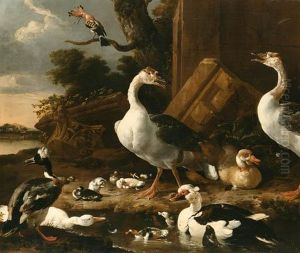 Chinese And Egyptian Geese, 
Muscovy Ducks, A Hoopoe, Barnyard Fowland Other Exotic Birds In A 
Landscape With Classical Ruins