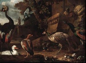 An East African Crane, A White
Snow Goose, A Dutch Goose, A Mallardduck And Hen With Their Duckling, A
Peahen, A Peacock, A Pheasant,a Turkey And A Pigeon In A Park by Melchior de Hondecoeter