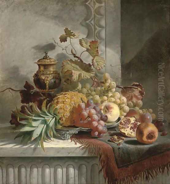 Pineapple, grapes, plums, pomegranate, peaches on a silver tray, on a marble ledge - view 1