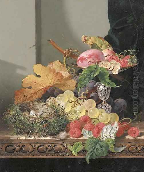 Plums, strawberries and grapes in a tazza, with black and white grapes, raspberries and a bird's nest on a wooden ledge - view 1