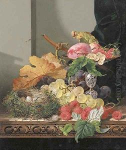 Plums, strawberries and grapes in a tazza, with black and white grapes, raspberries and a bird's nest on a wooden ledge by Edward Ladell