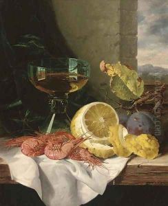 Plums, shrimps, a lemon and a glass of wine, on a wooden ledge