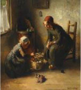 Sisters Playing With The New Pet by Bernard Johann De Hoog