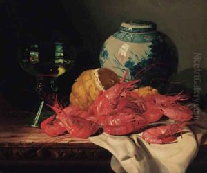 Shrimps, a peeled lemon, a glass of wine and a blue and white ginger jar, on a draped table by Edward Ladell