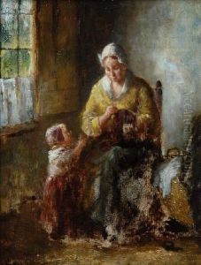 Binnenhuis Met Handwerkende Vrouw Metkind Binnenhuis Met Handwerkende Vrouw Metkind