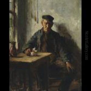A Mid Day Prayer; Old Peasant Resting In A Kitchen by Bernard Johann De Hoog