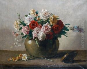Still Life Of Red, Pink, White And Yellow Roses In A Brass Vessel Still Life Of Red, Pink, White And Yellow Roses In A Brass Vessel