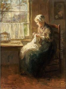 A Young Woman Sewing by Bernard Johann De Hoog