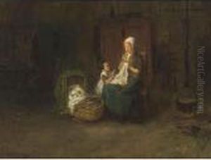 A Mother And Her Children In An Interior by Bernard Johann De Hoog