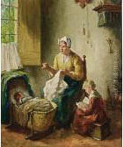 A Mother And Her Children In An Interior by Bernard Johann De Hoog