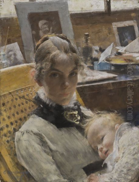 A studio idyll. The artist's wife and their daughter by Carl Larsson