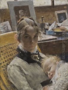 A studio idyll. The artist's wife and their daughter by Carl Larsson
