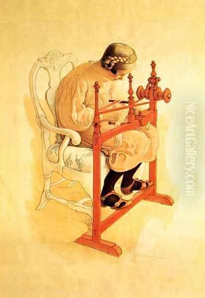 Girl Weaving Red Ribbon - view 1