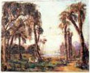 femme Et Enfant Assis Sous Les Palmiers En Bord De Mer